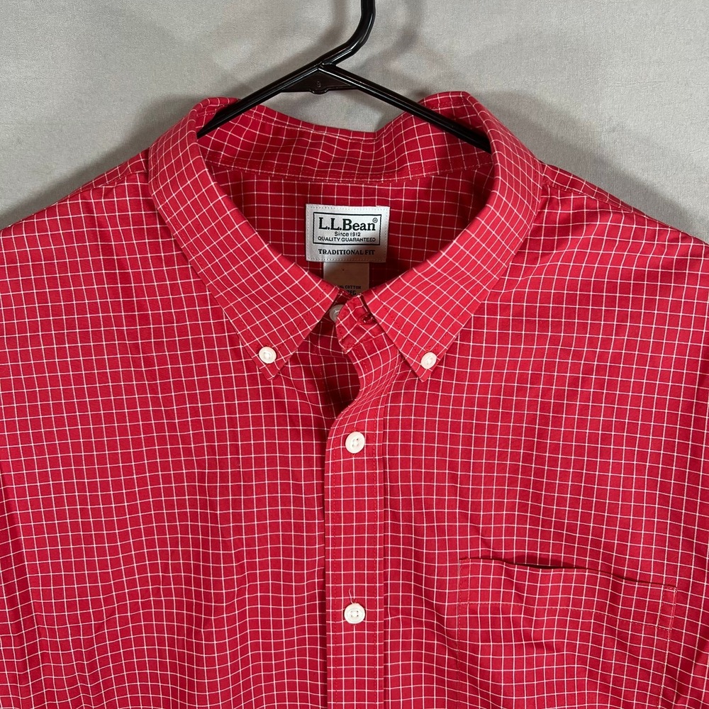 LL BEAN 100% COTTON WRINKLE RESISTANT Oxford SHIRT Men's XL RED MED Red Check